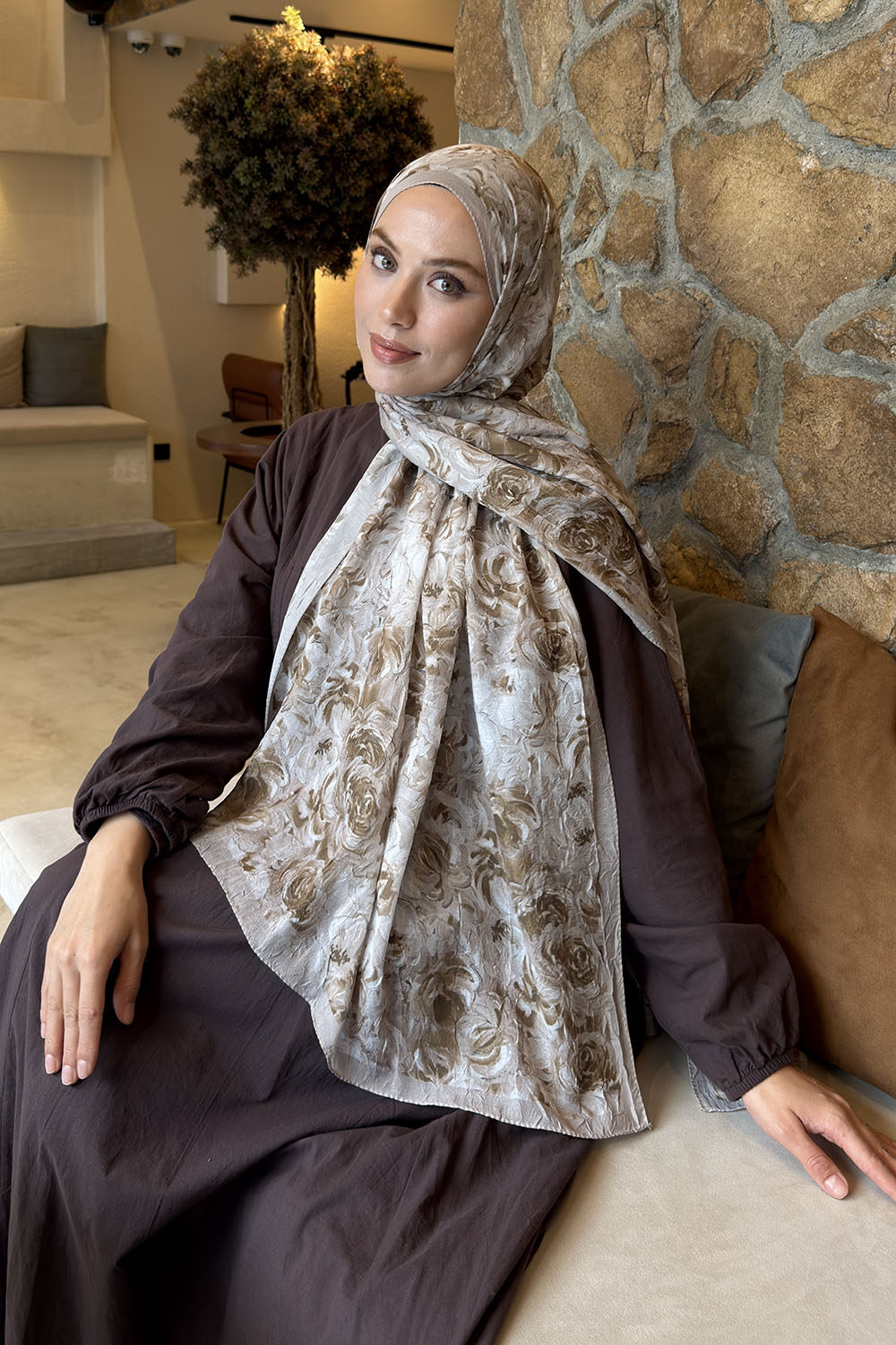 Lamelif Rose Garden Desen Bambu Şal Taş