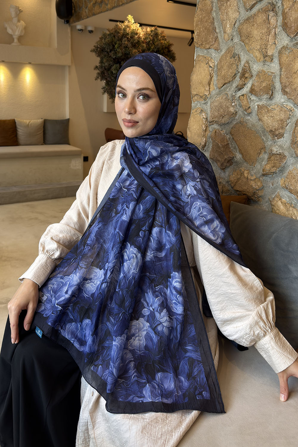 Lamelif Vintage Flower Desen Bambu Şal Lacivert