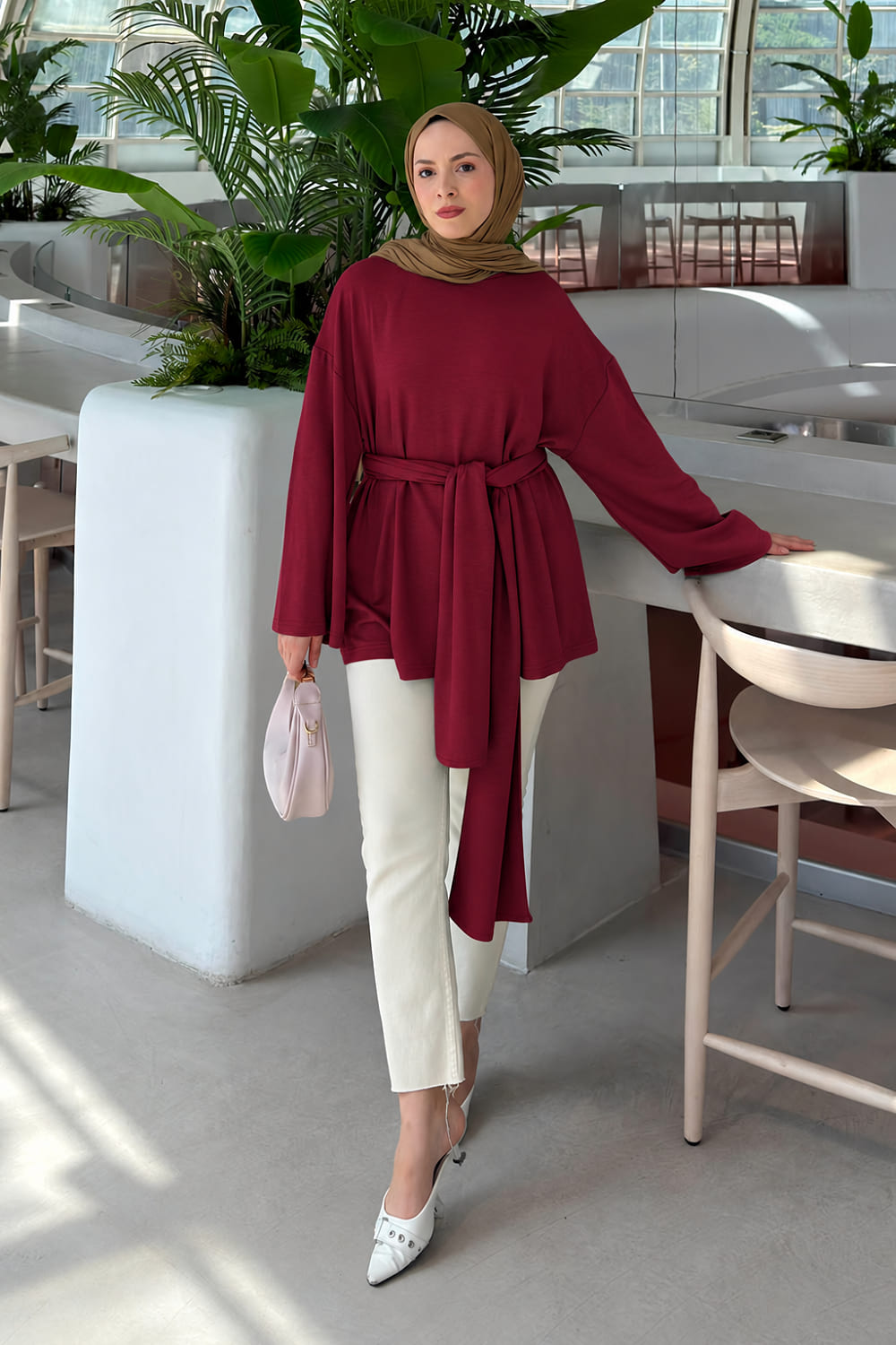 Lamelif Kemer Bağlamalı Tunik Bordo