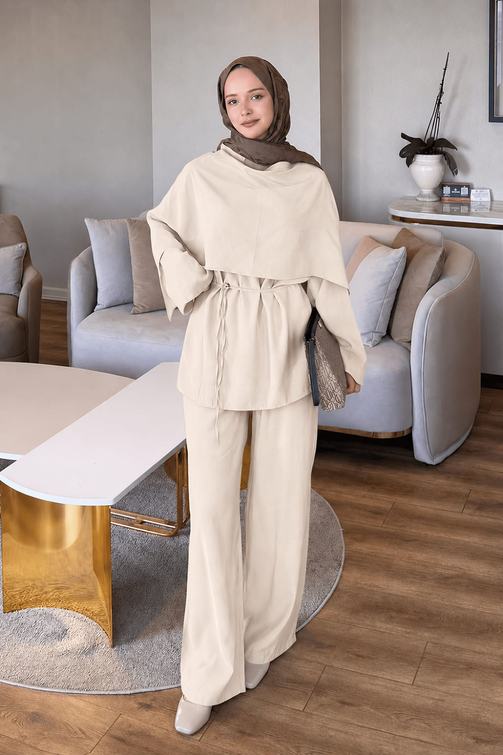 Lamelif Şallı Pantolon Takım Krem