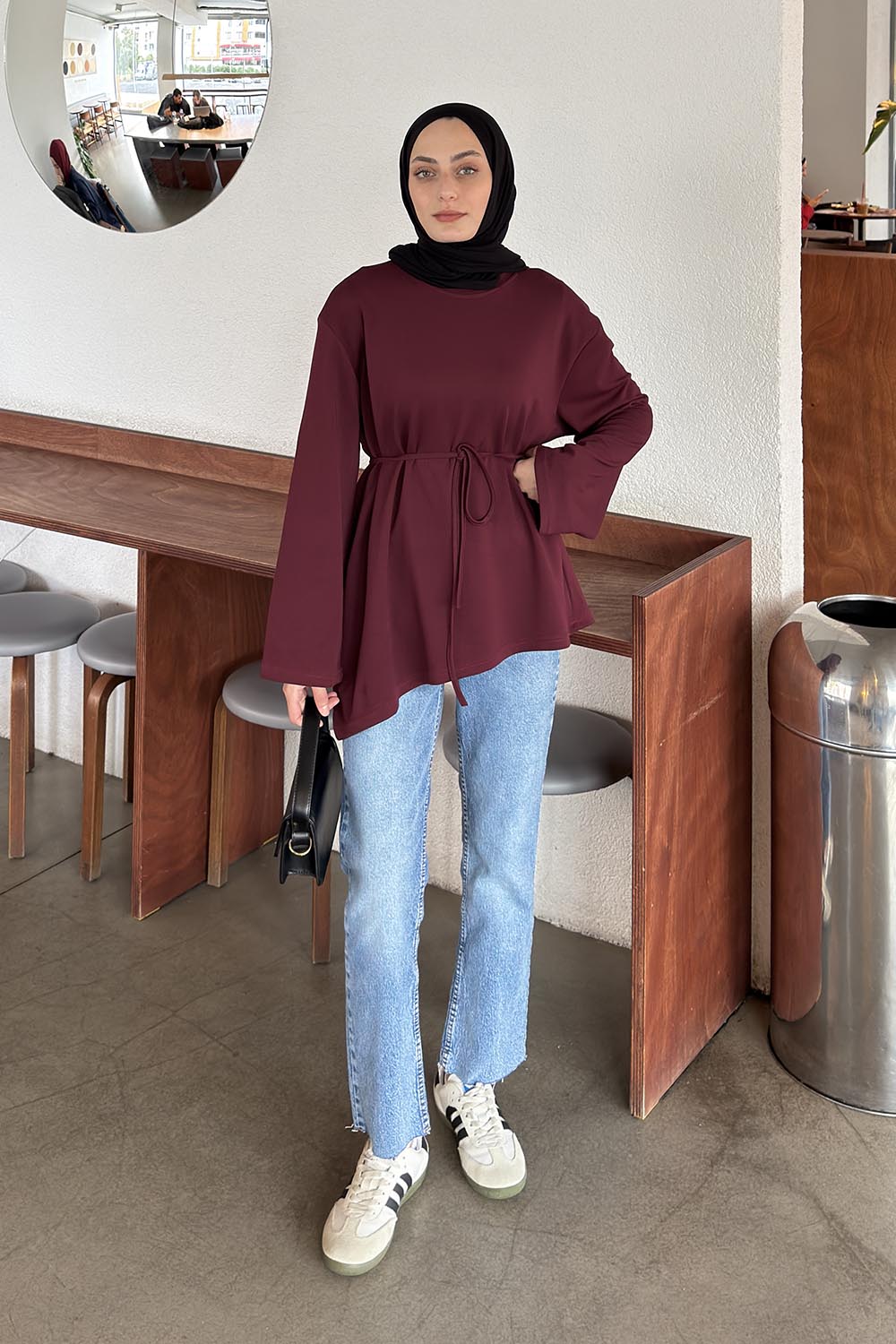 Lamelif Asimetrik Kesim Belden Bağlamalı Tunik Bordo