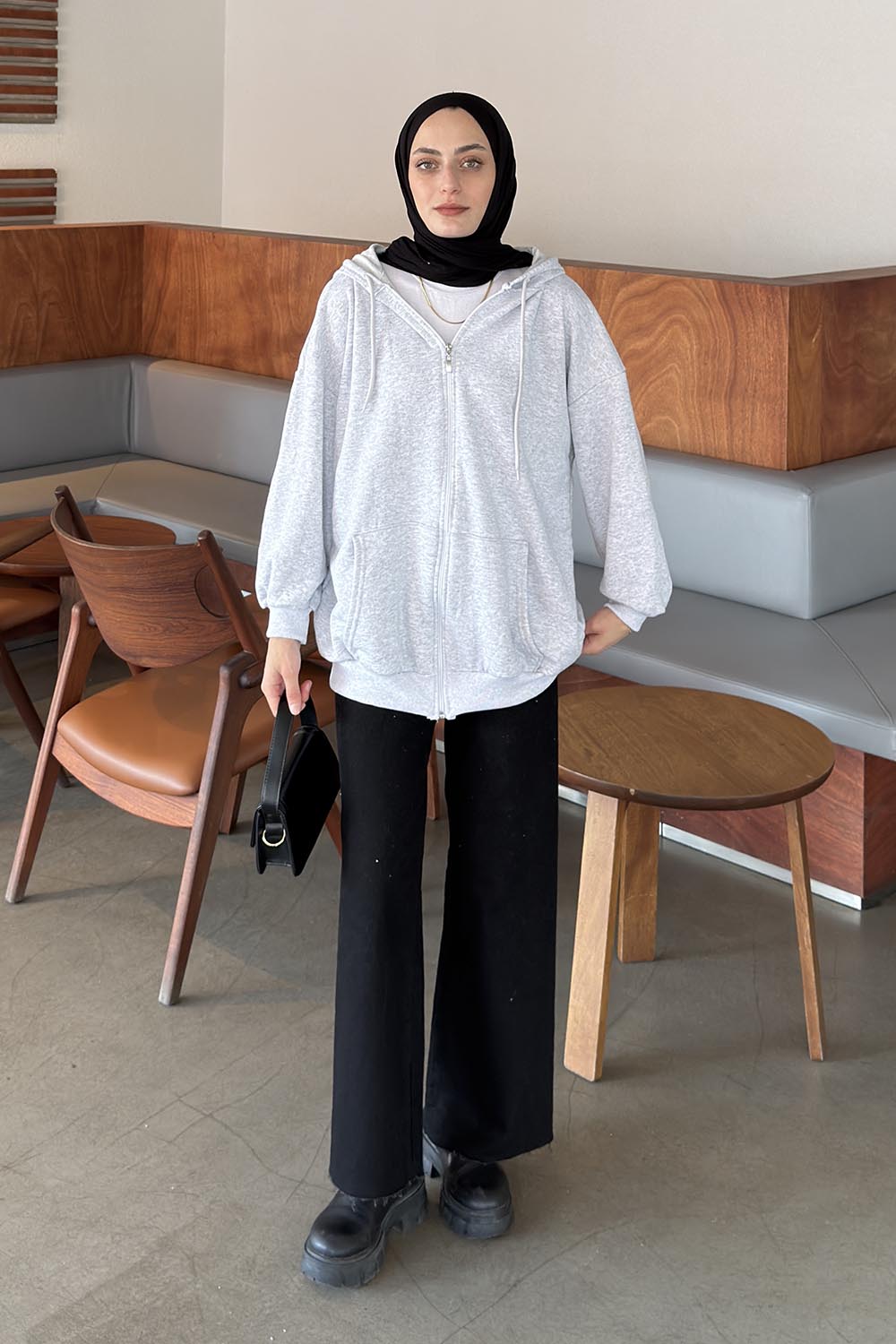 Lamelif Kapüşonlu Fermuarlı Sweatshirt Hırka Gri