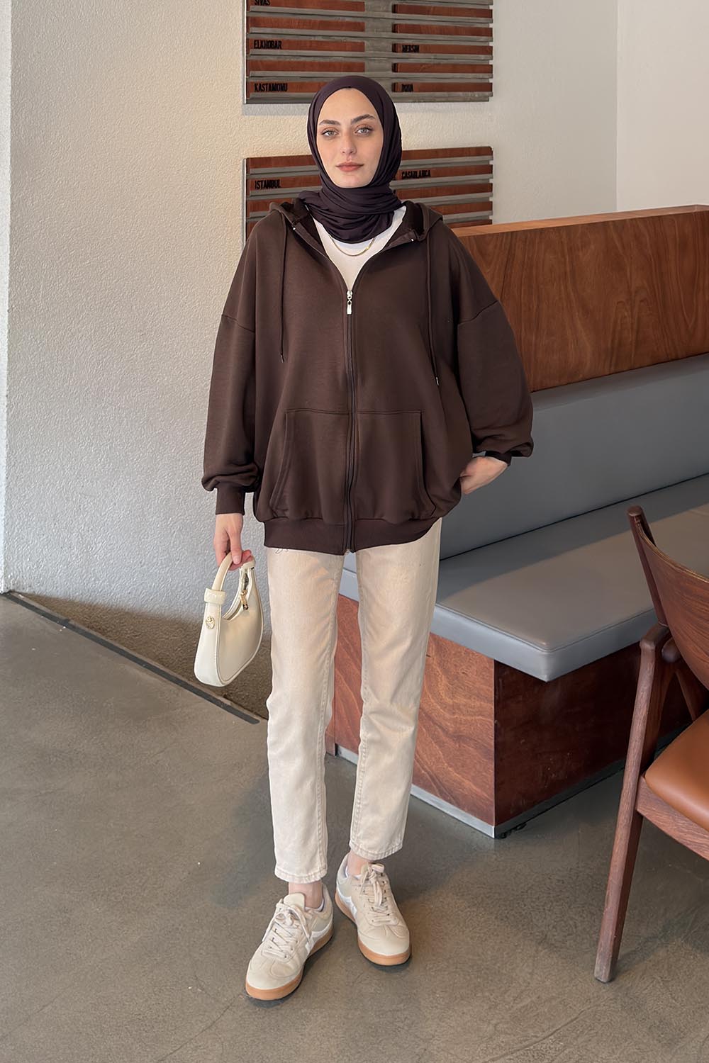 Brown Hood Neck Long Arm Cardigan