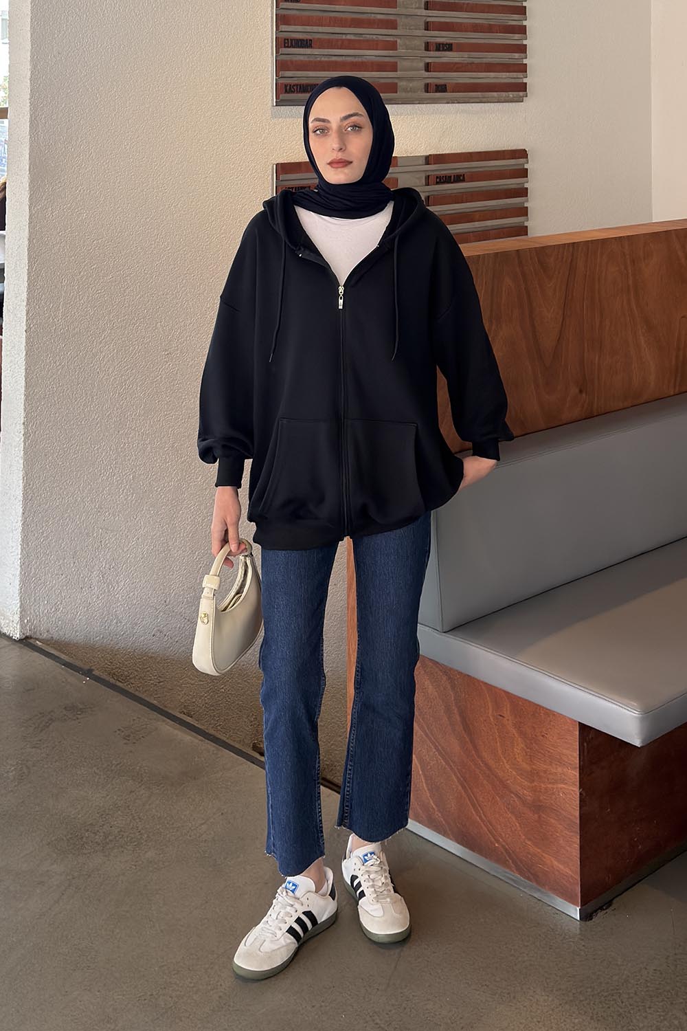 Lamelif Kapüşonlu Fermuarlı Sweatshirt Hırka Lacivert