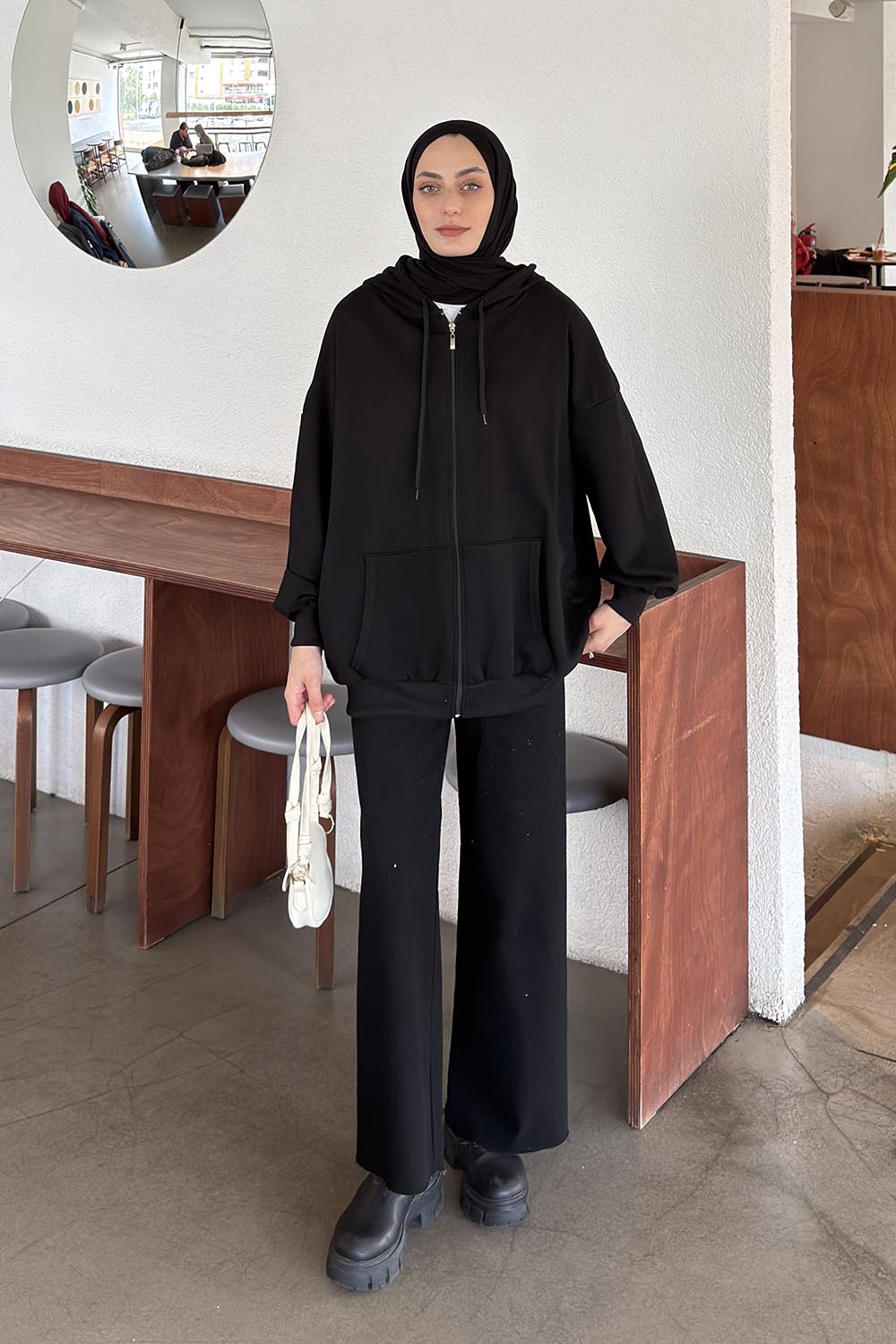 Lamelif Kapüşonlu Fermuarlı Sweatshirt Hırka Siyah