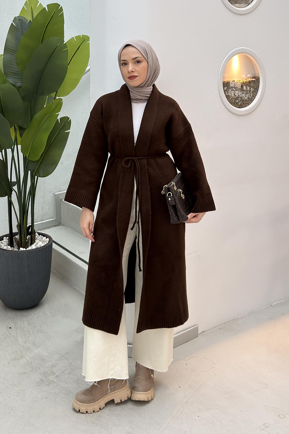 Lamelif Yumoş Uzun Triko Hırka Kahverengi
