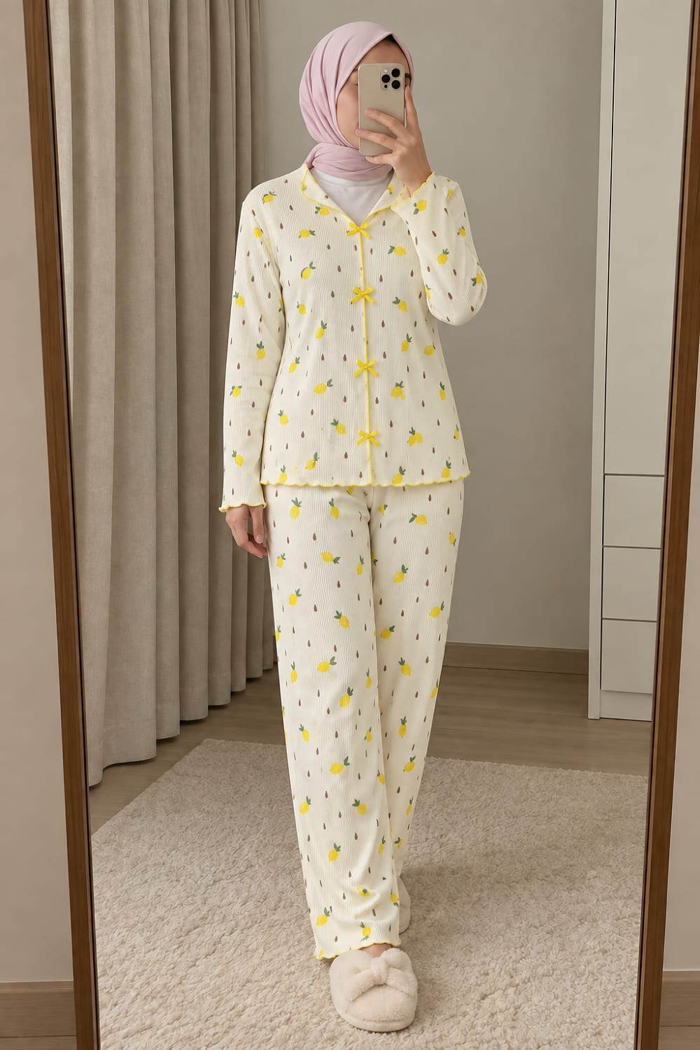 Lamelif Fiyonk Detaylı Ananas Desenli Kaşkorse Pijama Takımı