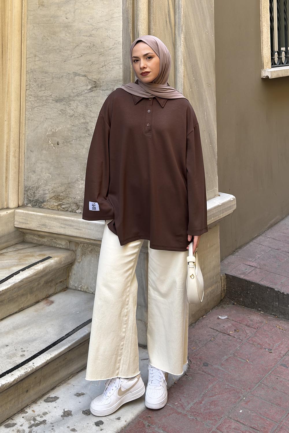 Lamelif Düğmeli Polo Yaka Oysho Kumaş Tunik Kahverengi
