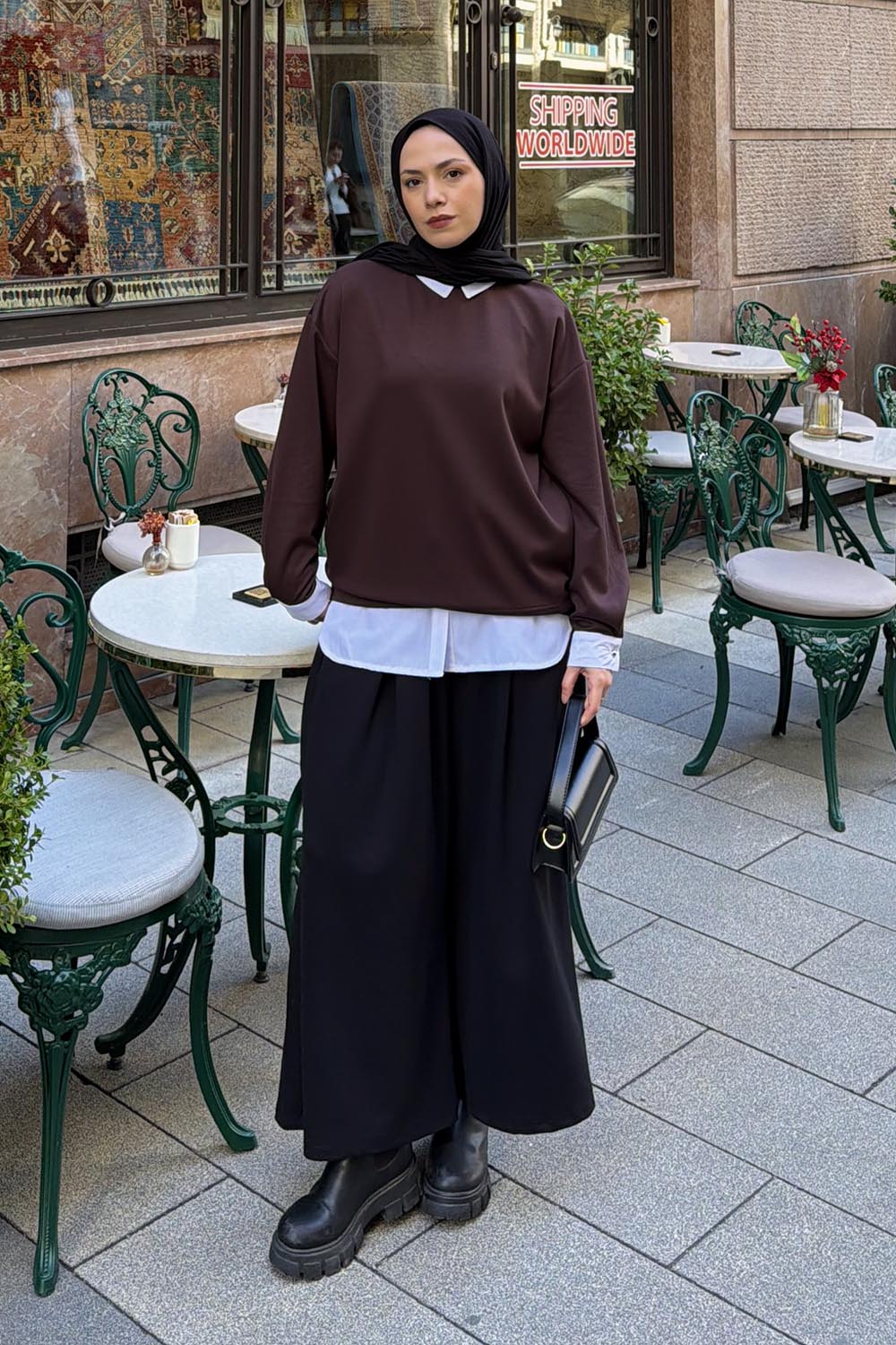 Lamelif Sweat Gömlek Garnili Tunik Kahve