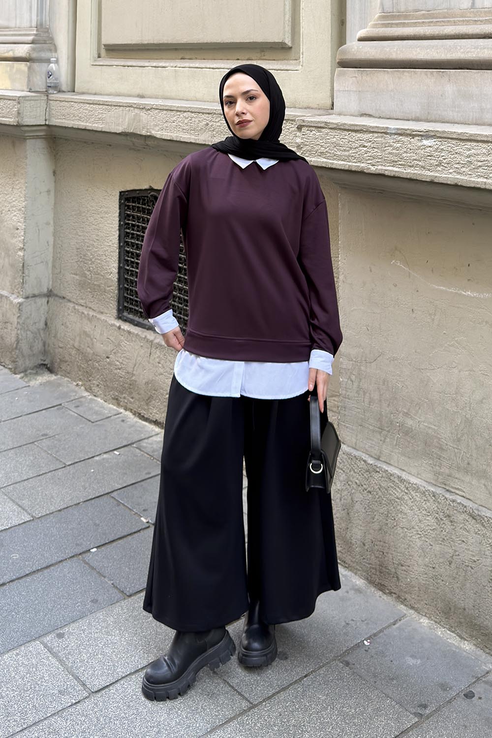 Lamelif Sweat Gömlek Garnili Tunik Mürdüm