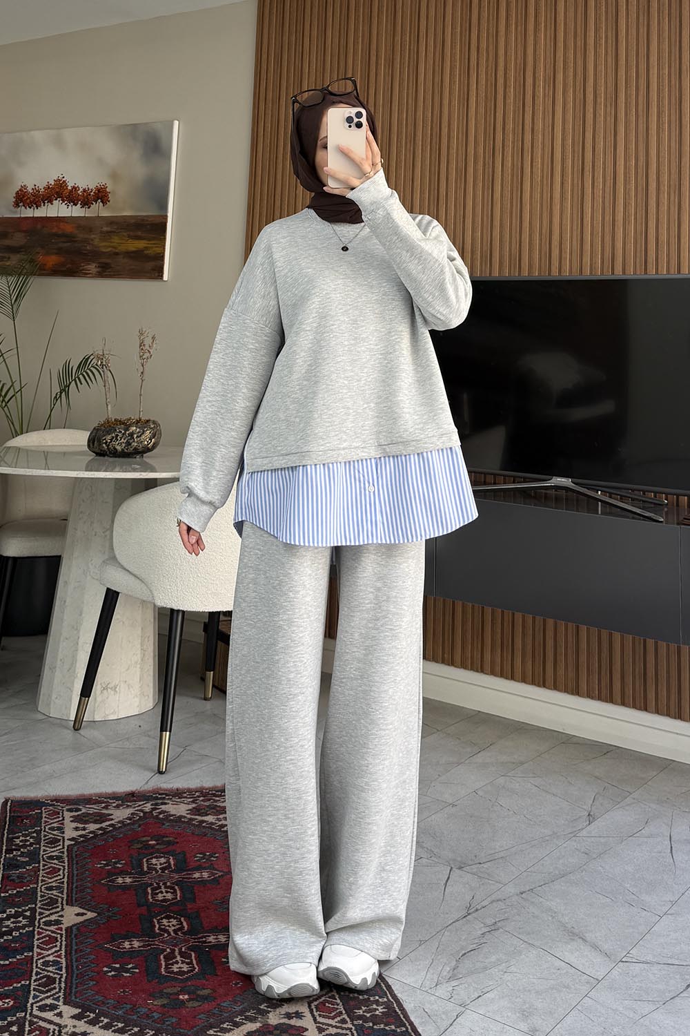 Lamelif Gömlek Detaylı Sweat İkili Takım Gri