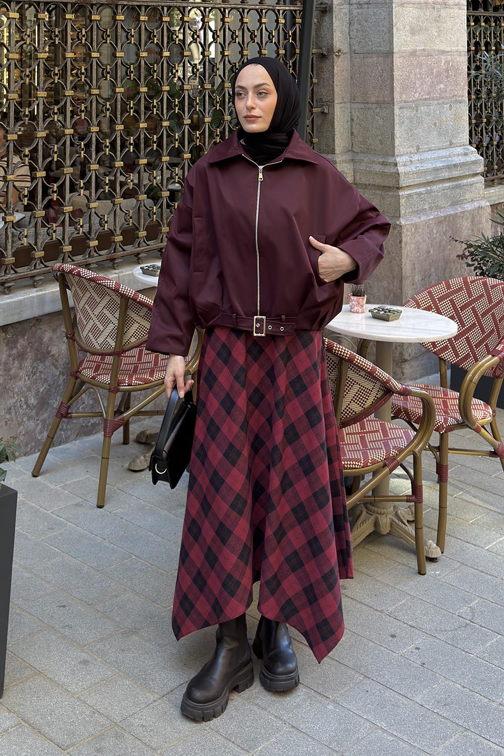 Lamelif Kemer Detaylı Fermuarlı Ceket Mürdüm