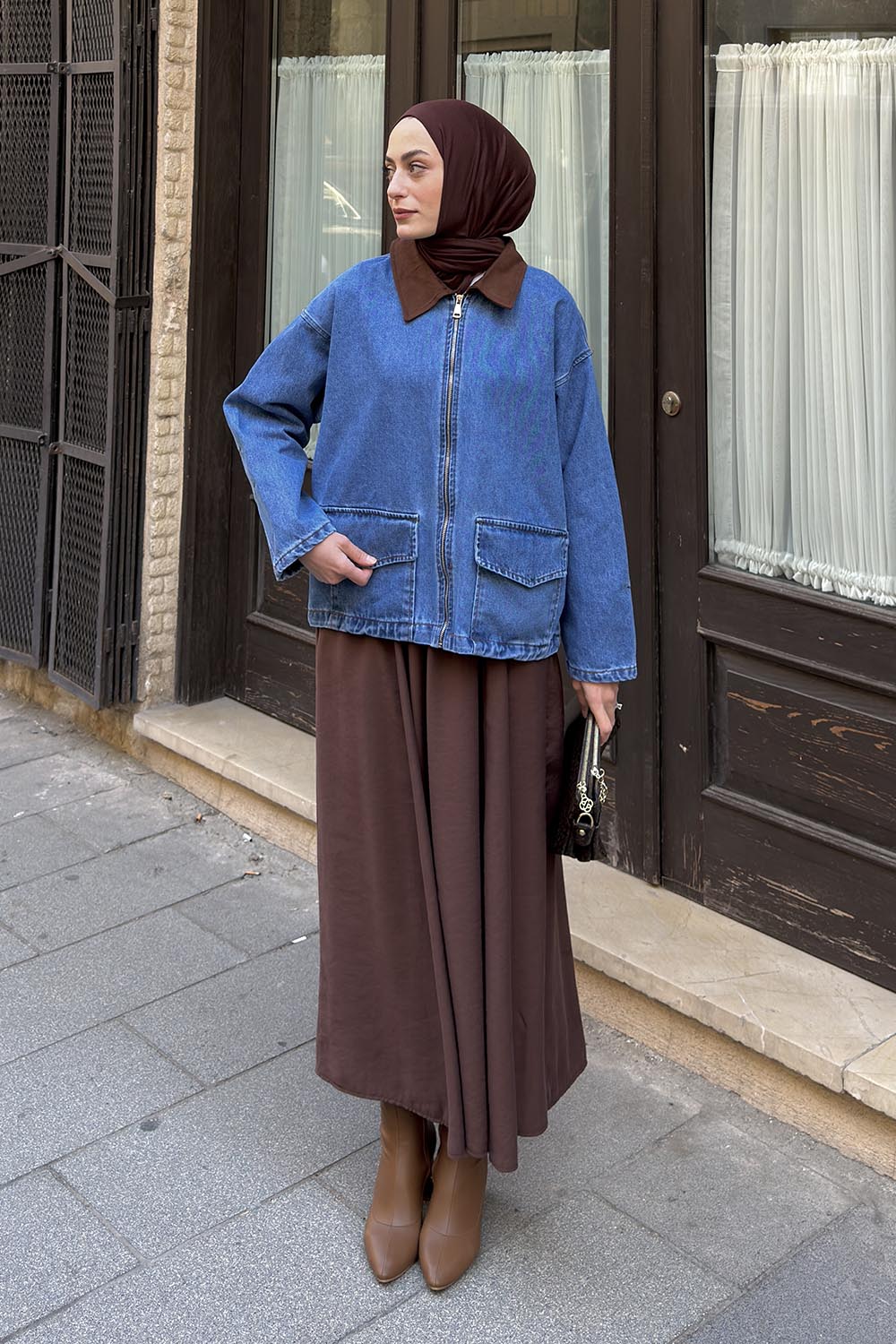 Lamelif Yaka Garnili Kot Ceket Mavi