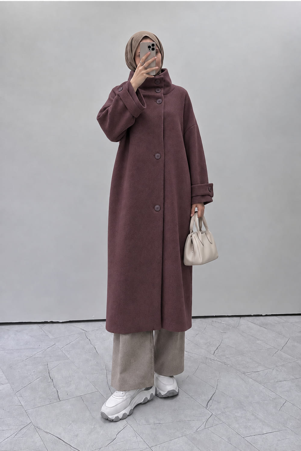 Lamelif Dik Yaka Oversize Kaşe Kaban Mürdüm