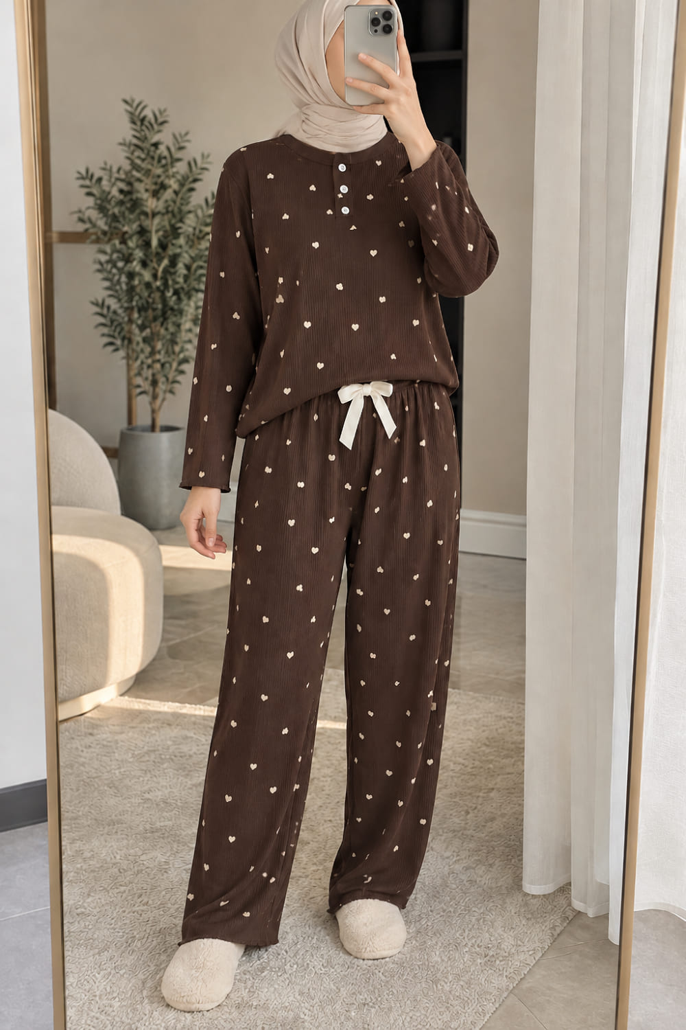 Lamelif Kalp Desenli Düğmeli Fitilli Pijama Takımı