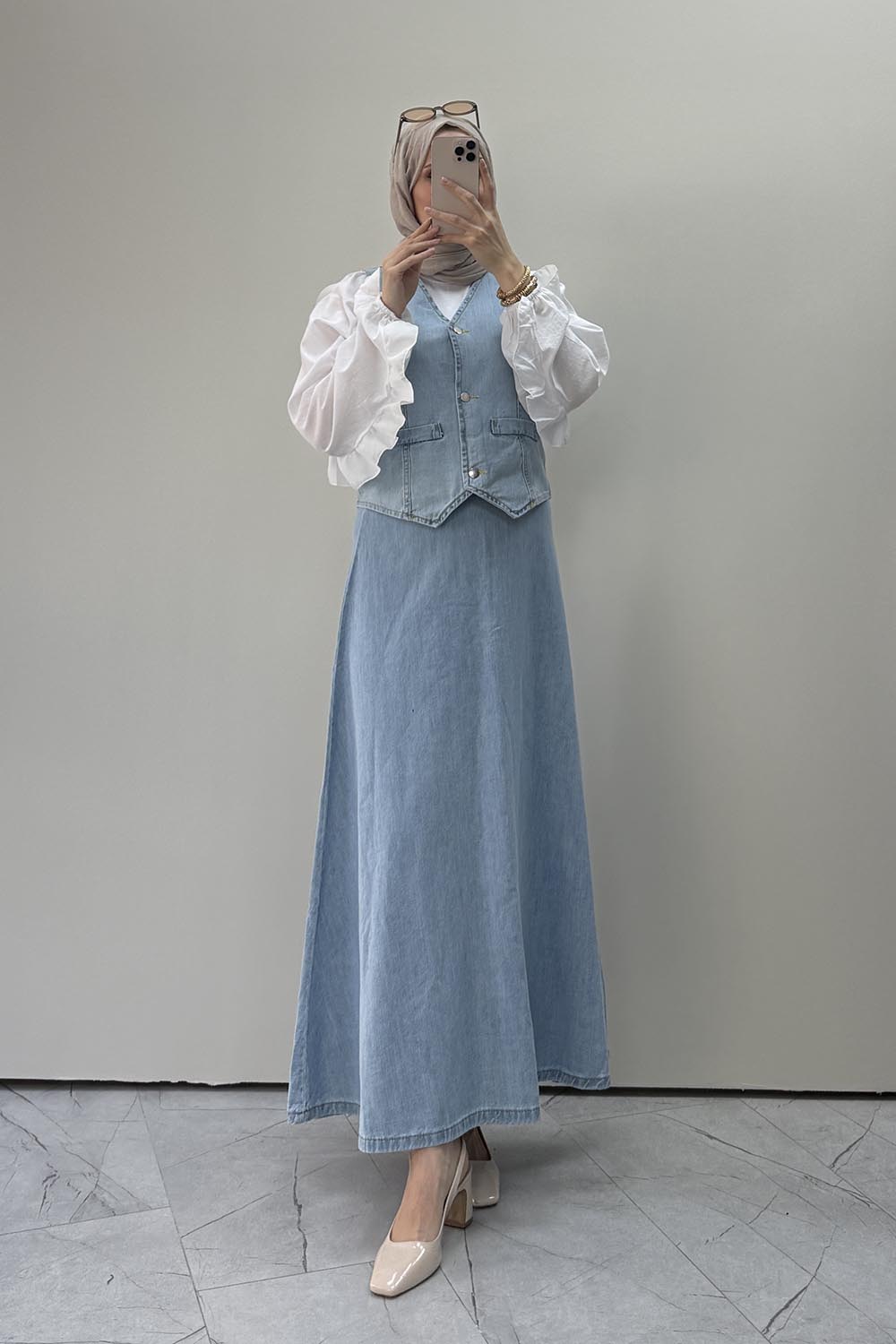 Lamelif Denim Yelek-Etek İkili Tesettür Takım Buz Mavisi