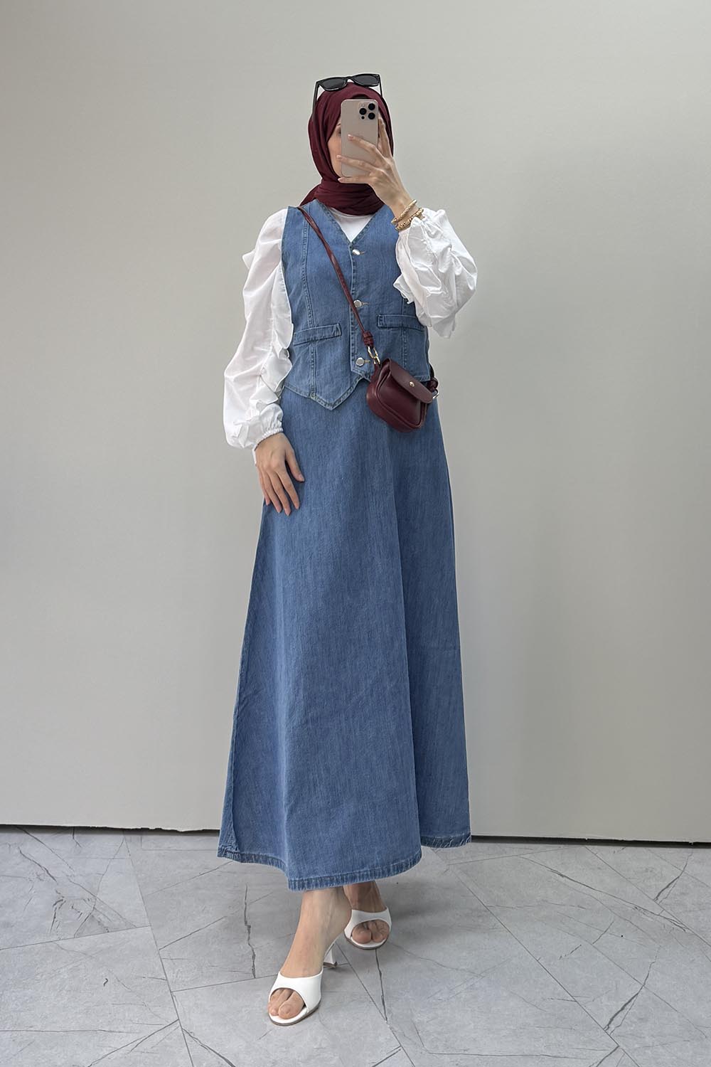 Lamelif Denim Yelek-Etek İkili Tesettür Takım Mavi