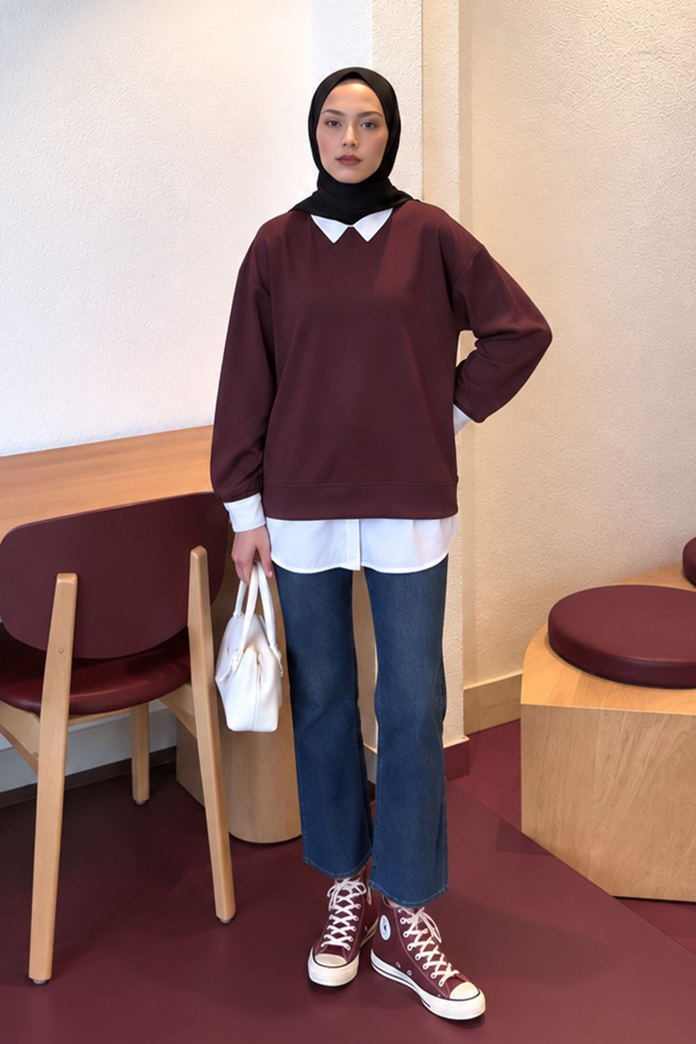 Lamelif Sweat Gömlek Garnili Tunik Mürdüm
