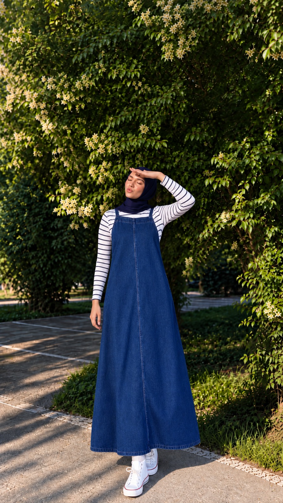 Lamelif Askılı Denim Salopet Elbise Koyu Mavi