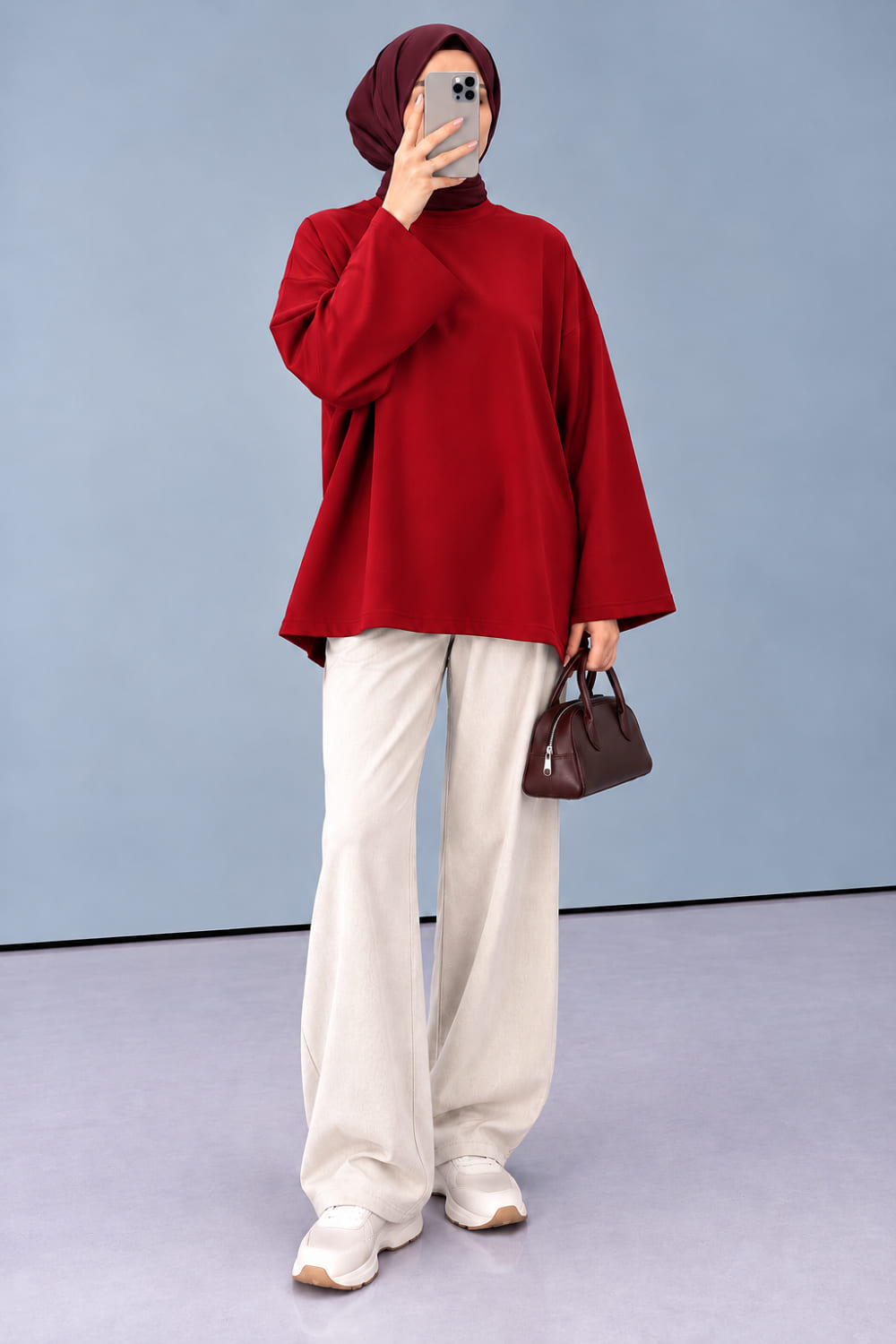 Lamelif Oversize Basic Sweatshirt Kırmızı