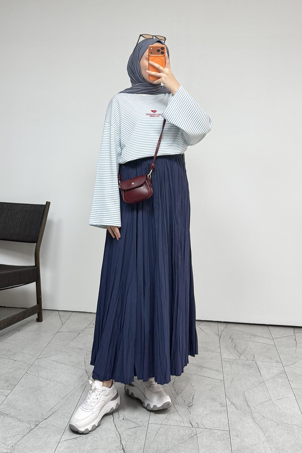 Lamelif Yazı Nakışlı Çizgili Pinterest Sweatshirt Mavi