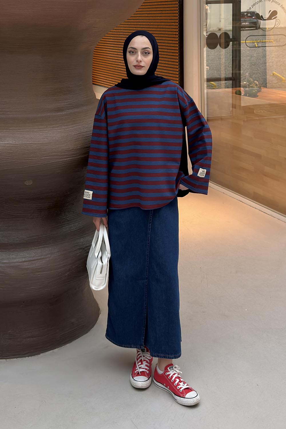 Lamelif Arma Detaylı Çizgili Basic Sweat Mavi Bordo