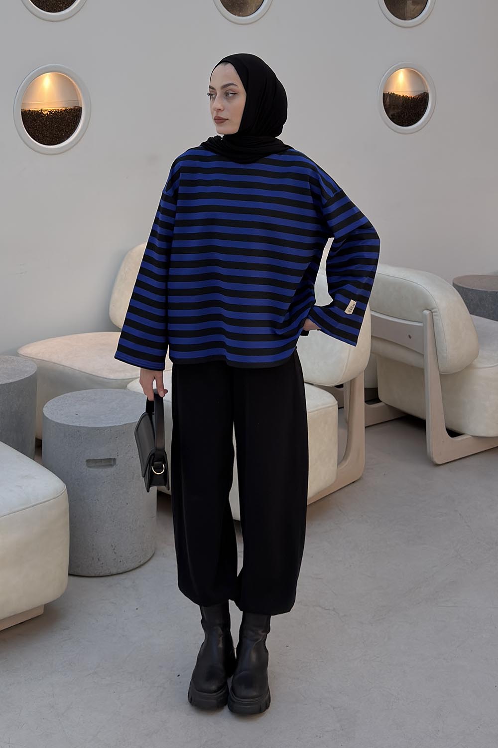 Lamelif Arma Detaylı Çizgili Basic Sweat Mor Siyah
