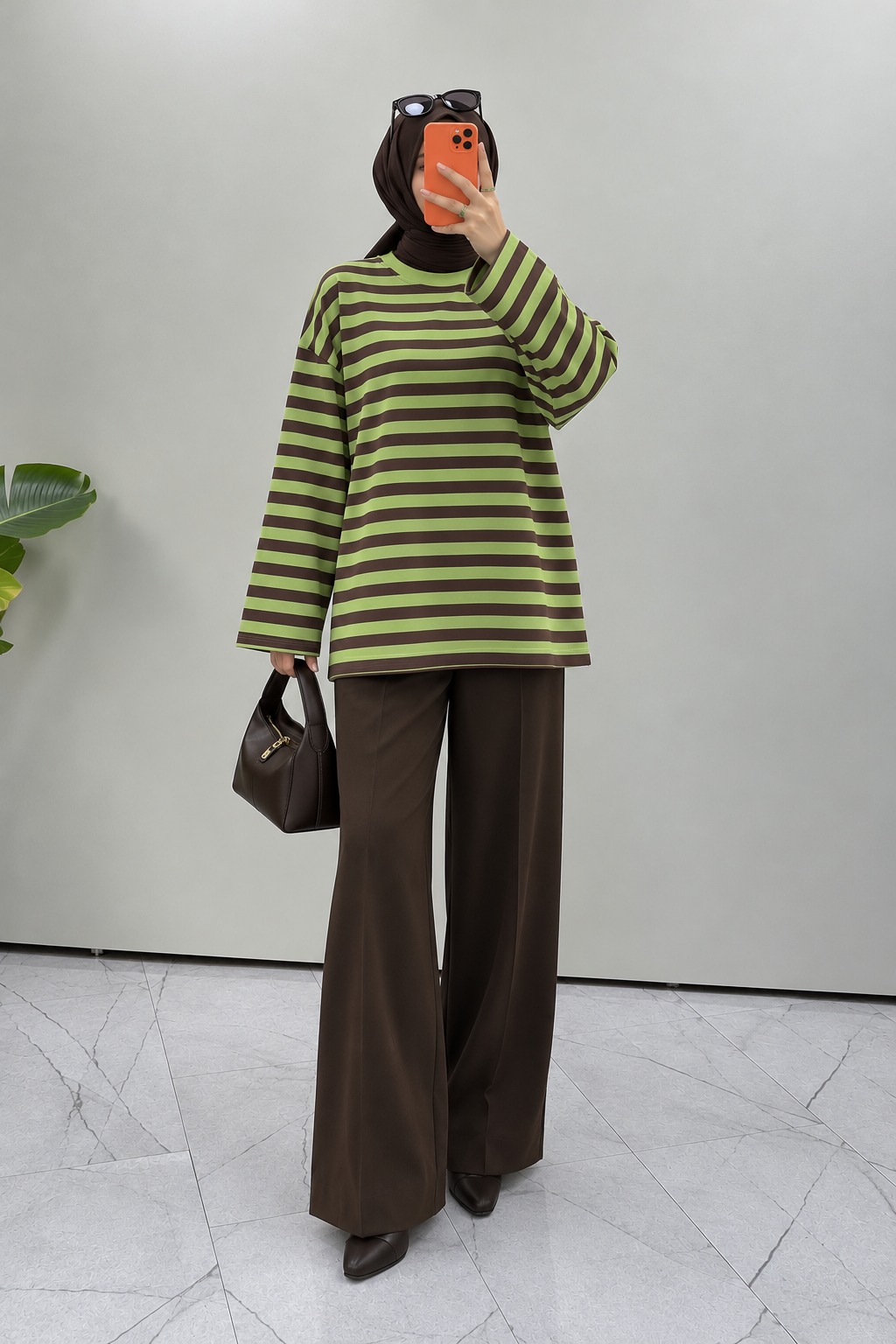 Lamelif Bisiklet Yaka Çizgili Basic Tunik Haki