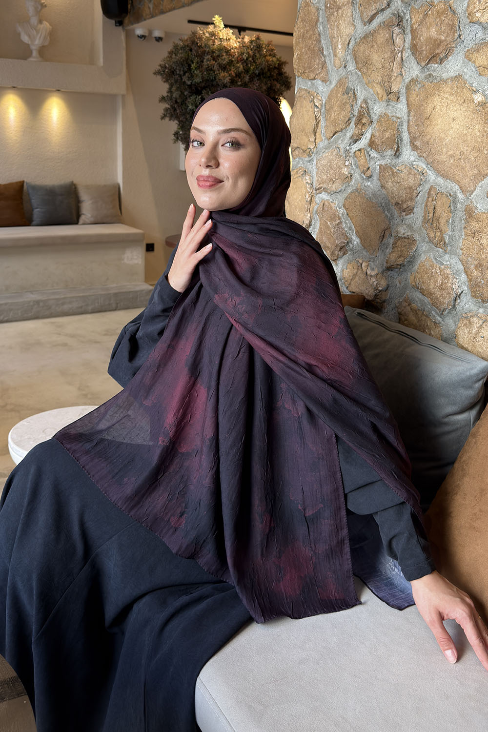 Lamelif Bulut Desen Bambu Şal Koyu Bordo