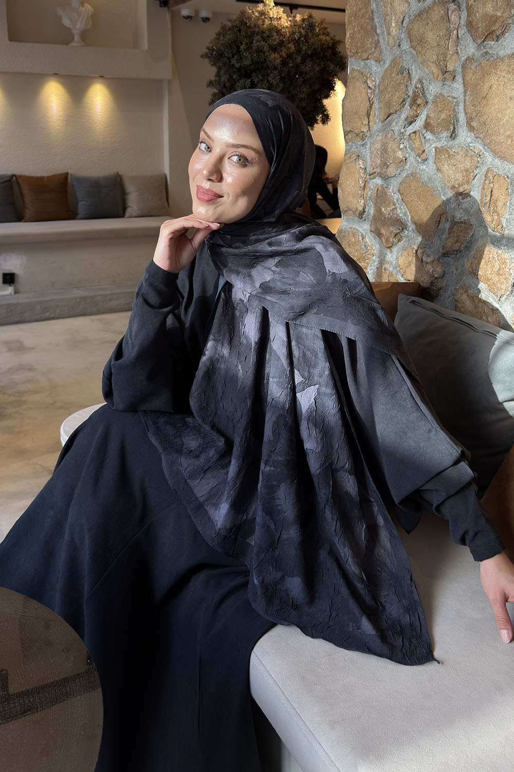 Lamelif Flower Desen Bambu Şal Antrasit