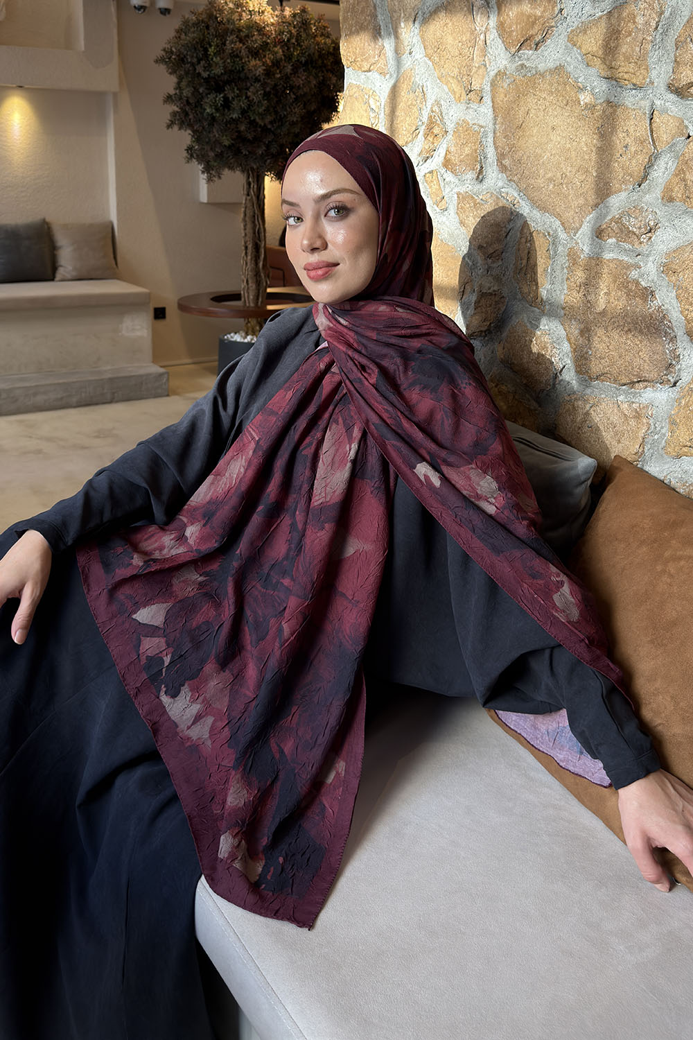 Lamelif Flower Desen Bambu Şal Bordo