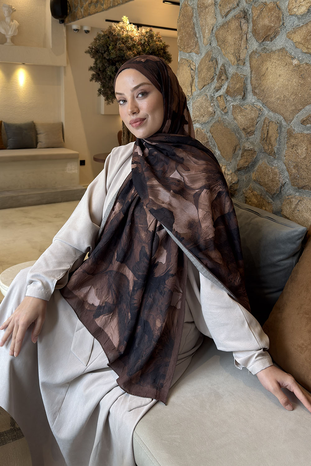 Lamelif Flower Desen Bambu Şal Sütlü Kahve