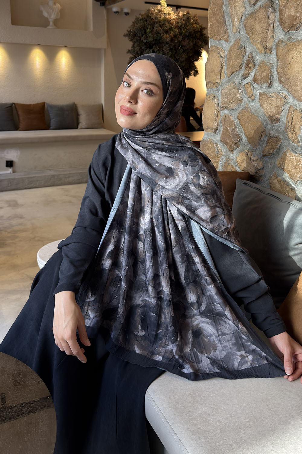 Lamelif Lotus Desen Bambu Şal Antrasit