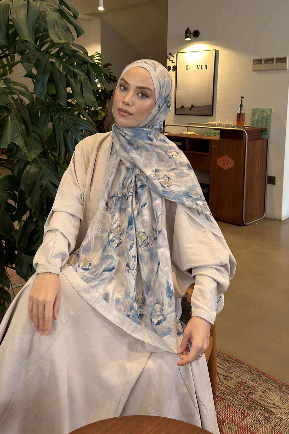 Lamelif Leaf Flower Desen Bambu Şal Taş Mavi
