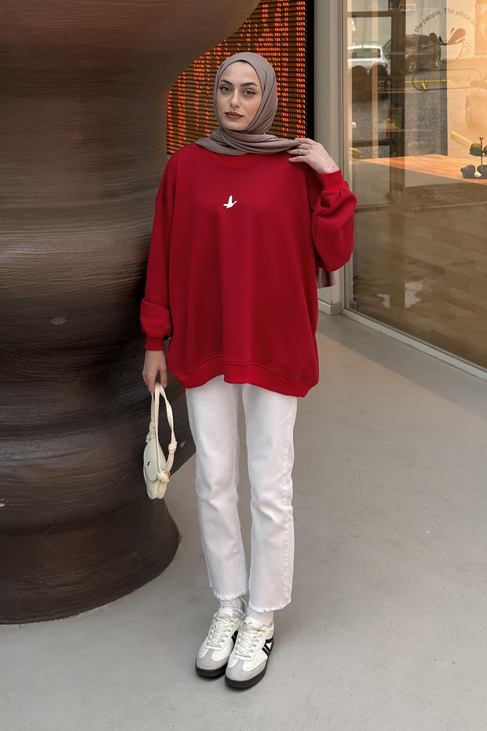 Lamelif Basic Kuş Detaylı Oversize Sweatshirt Kırmızı