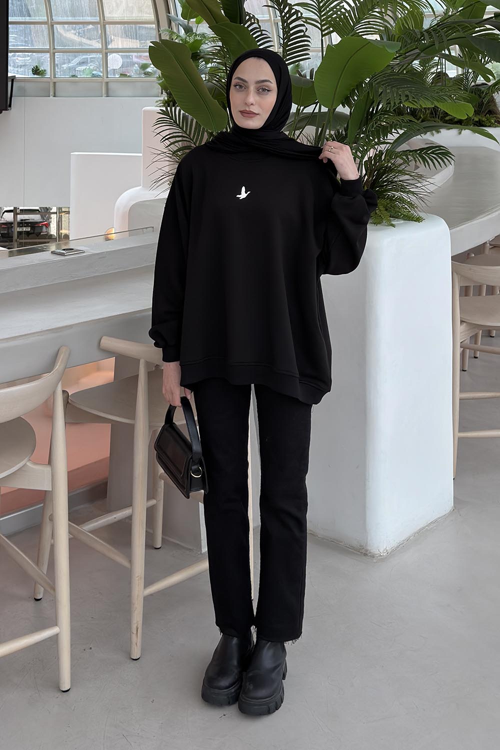 Lamelif Basic Kuş Detaylı Oversize Sweatshirt Siyah