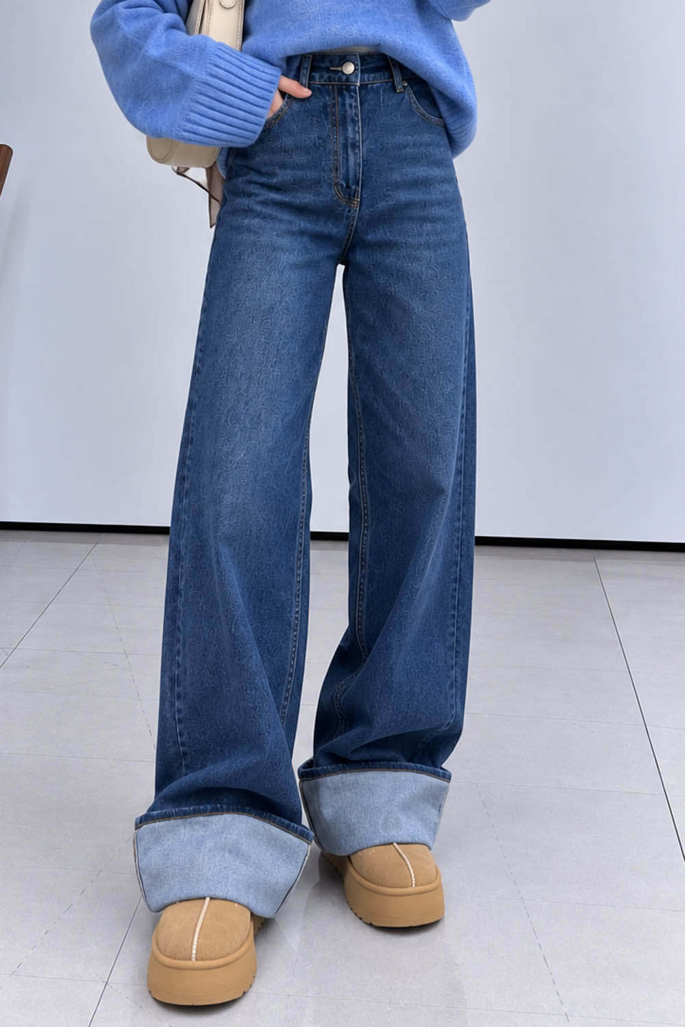 Lamelif Paça Kıvırmalı Flare Pantalon Koyu Mavi