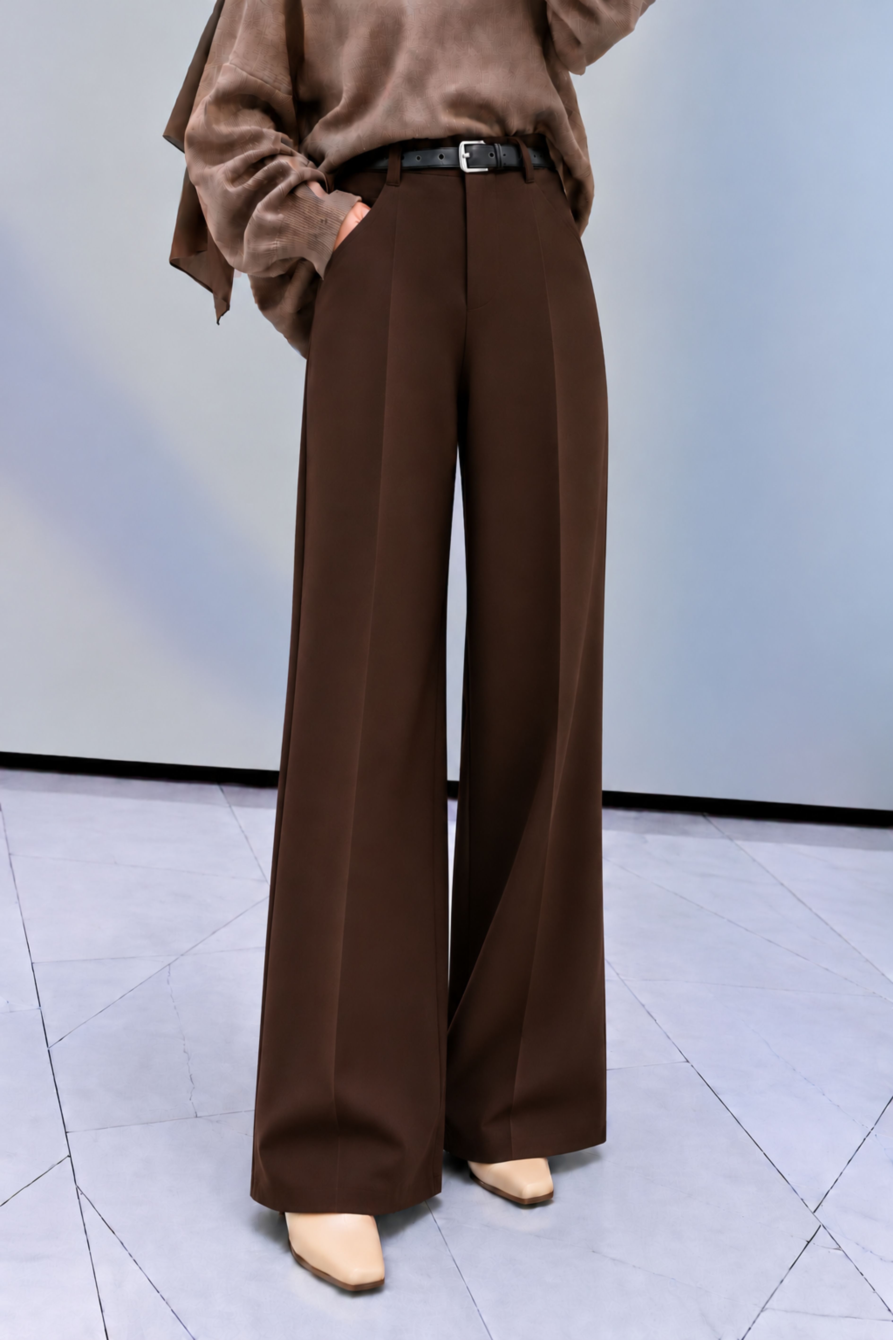Bitter Brown Crepe Fabric High Waist Material Pants