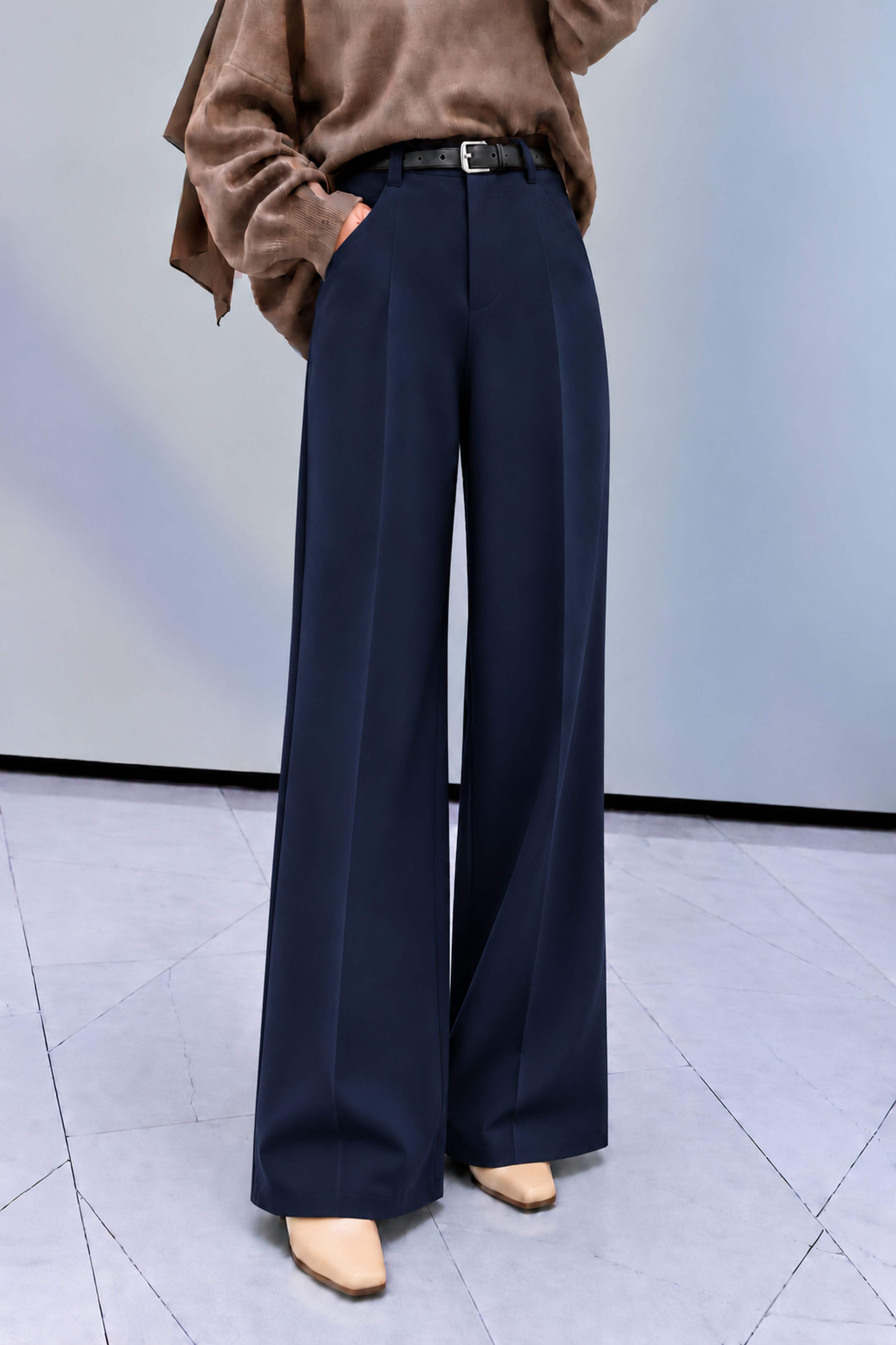 Navy Blue Crepe Fabric High Waist Material Pants