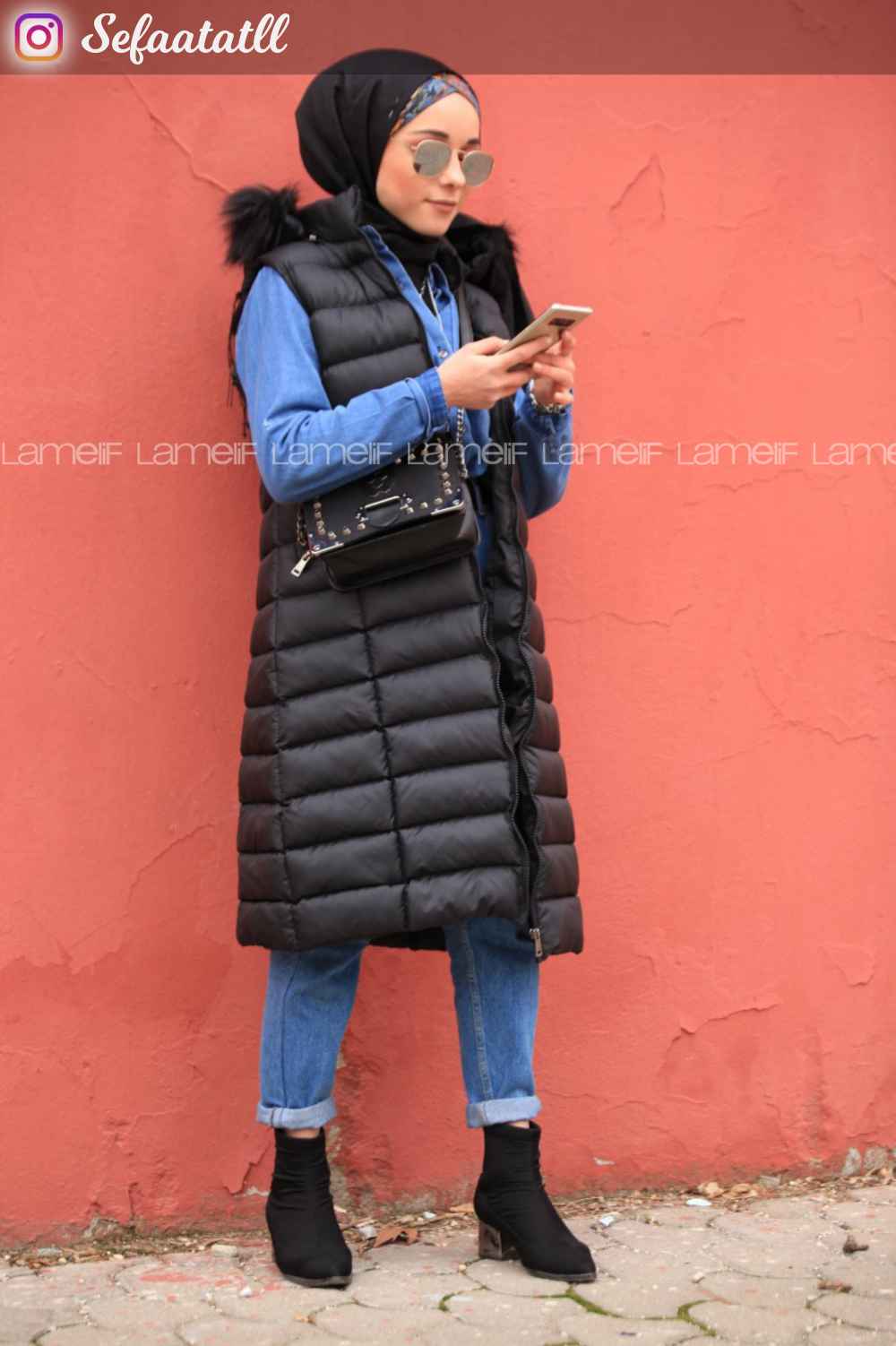 Modalamelif Kapşonlu Uzun Şişme Yelek  Siyah