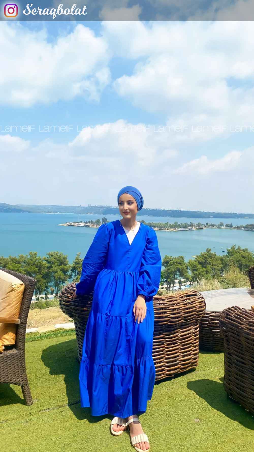 Modalamelif V Yaka Fırfırlı Elbise Saks Mavisi