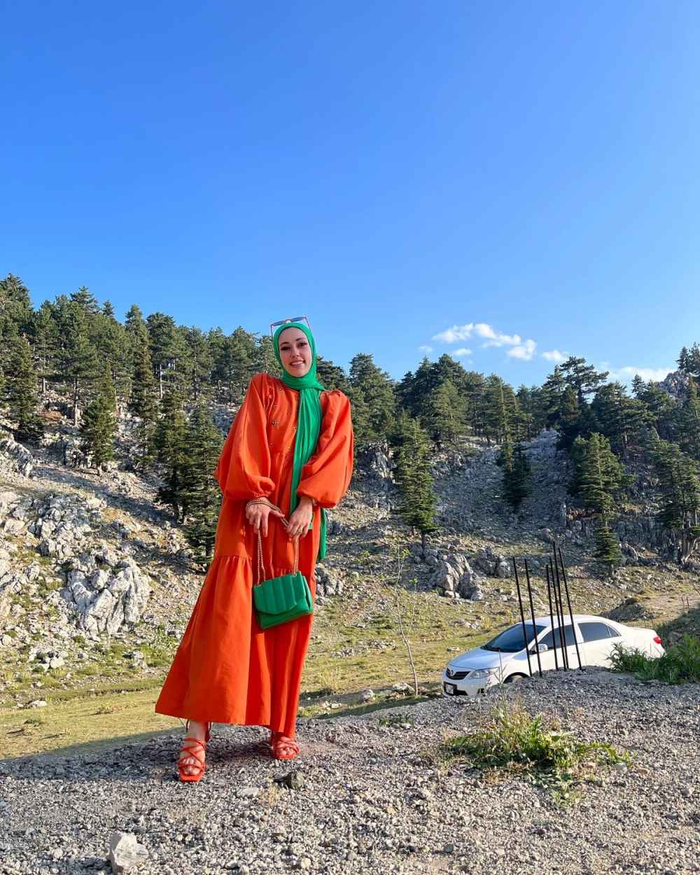 Modalamelif Nakış Detaylı Balon Elbise Oranj