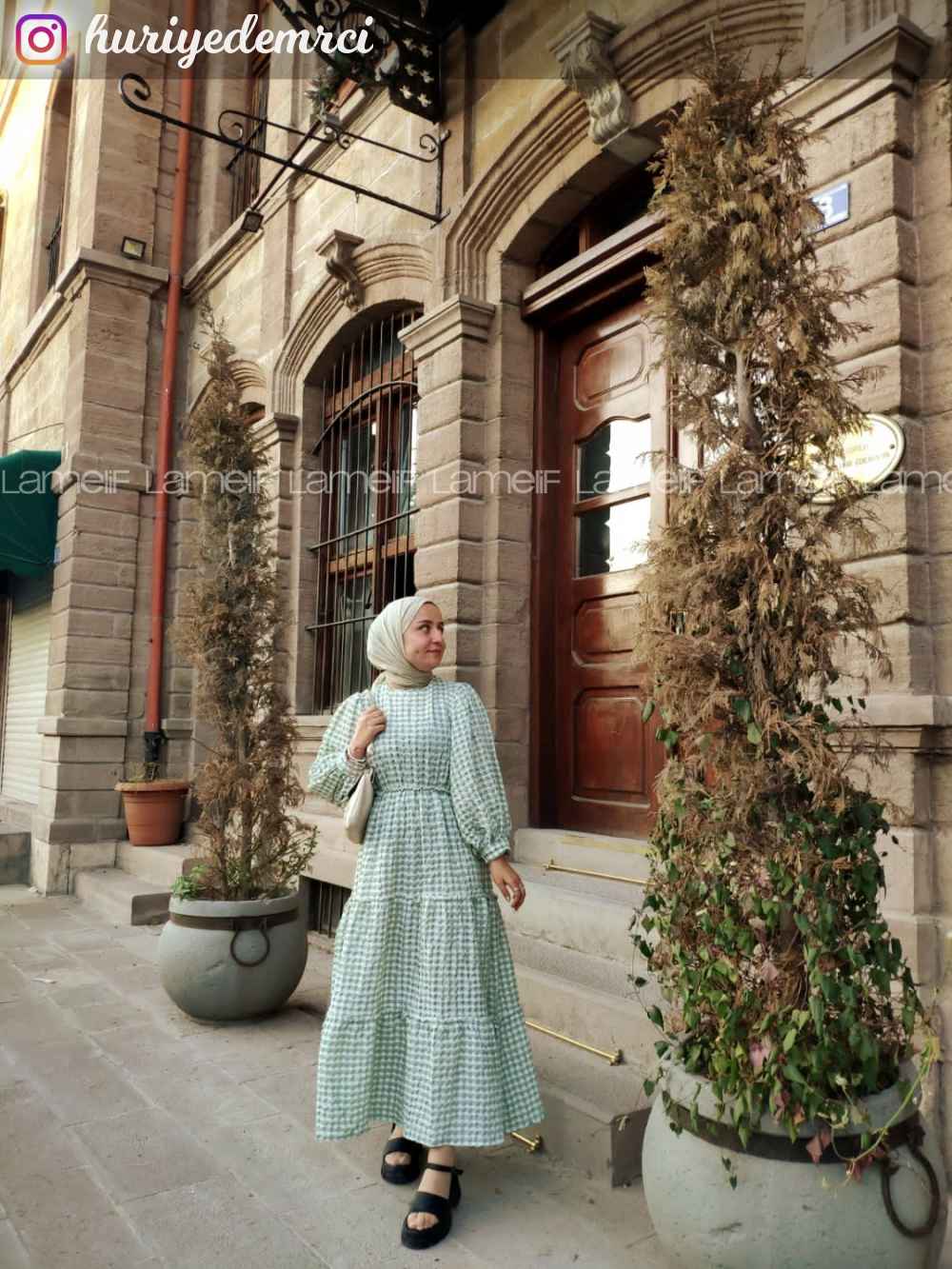 Modalamelif Balon Kol Ekose Elbise Çağla Yeşili