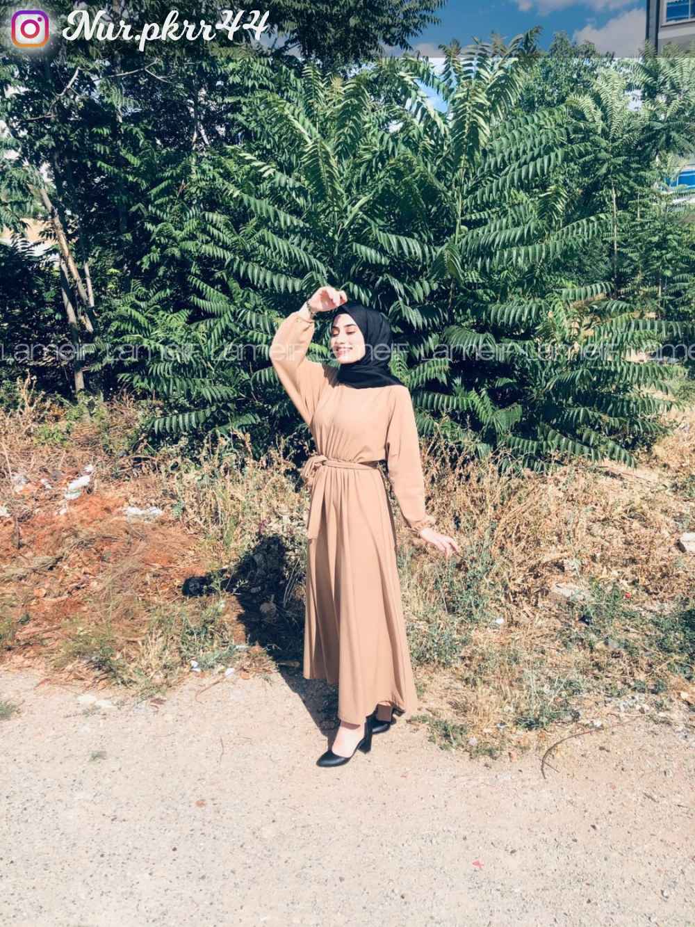 Modalamelif Yarasa Kol Kloş Etekli Mevlana Elbise Camel