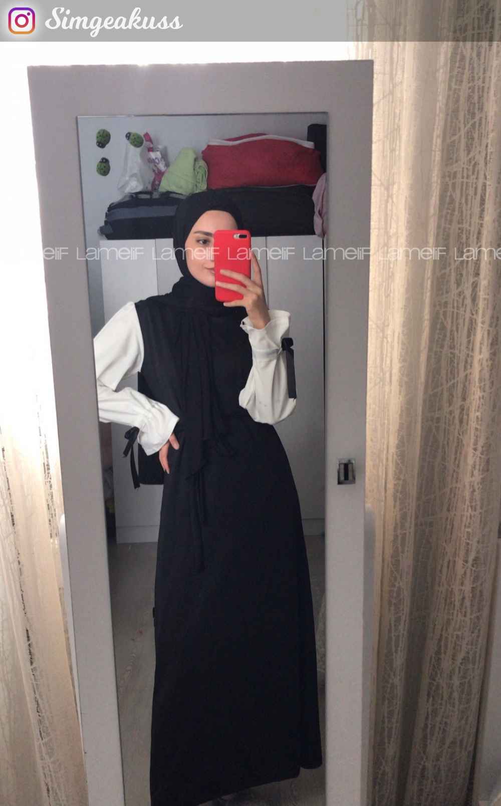 Lamelif Balon Kol Kemerli  Tesettür Elbise Siyah