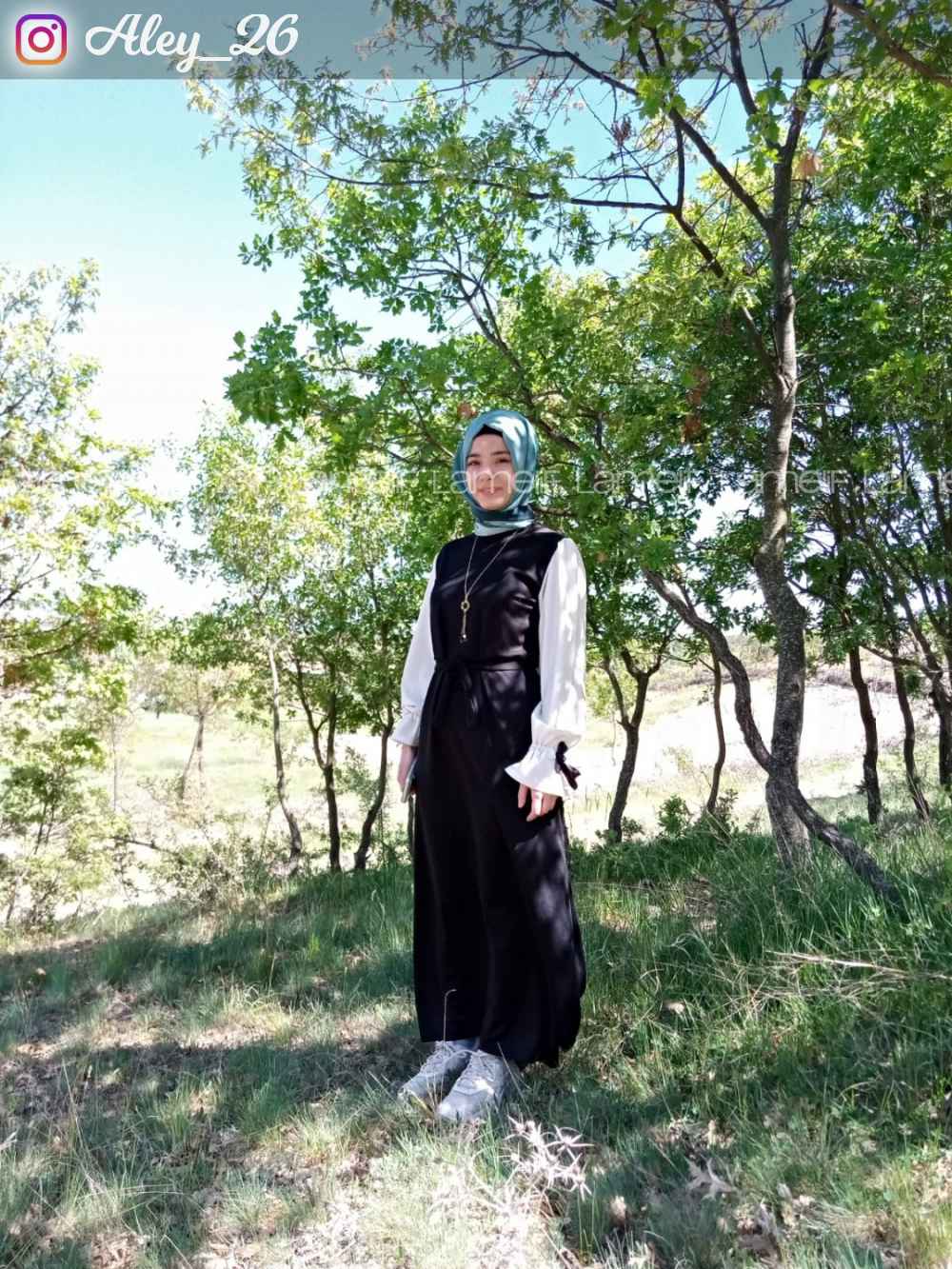 Lamelif Balon Kol Kemerli  Tesettür Elbise Siyah