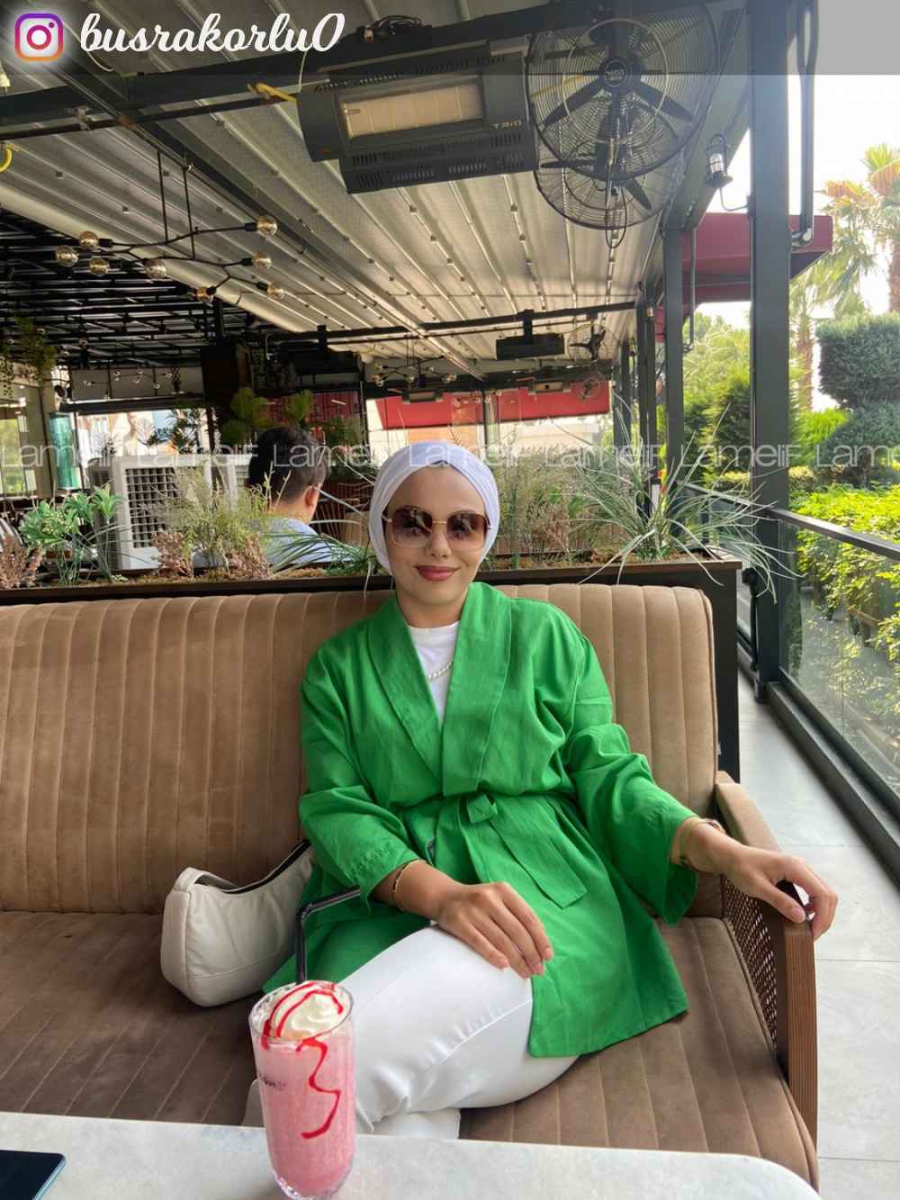 Modalamelif Şal Yaka Düz Renk Beli Kuşaklı Kimono Yeşil