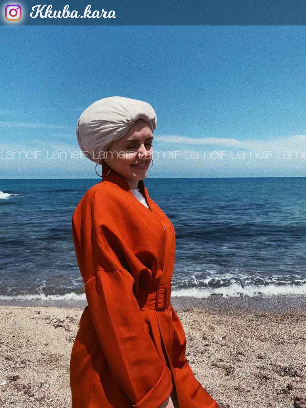 Modalamelif Çift Cepli Kemerli Kimono Kiremit