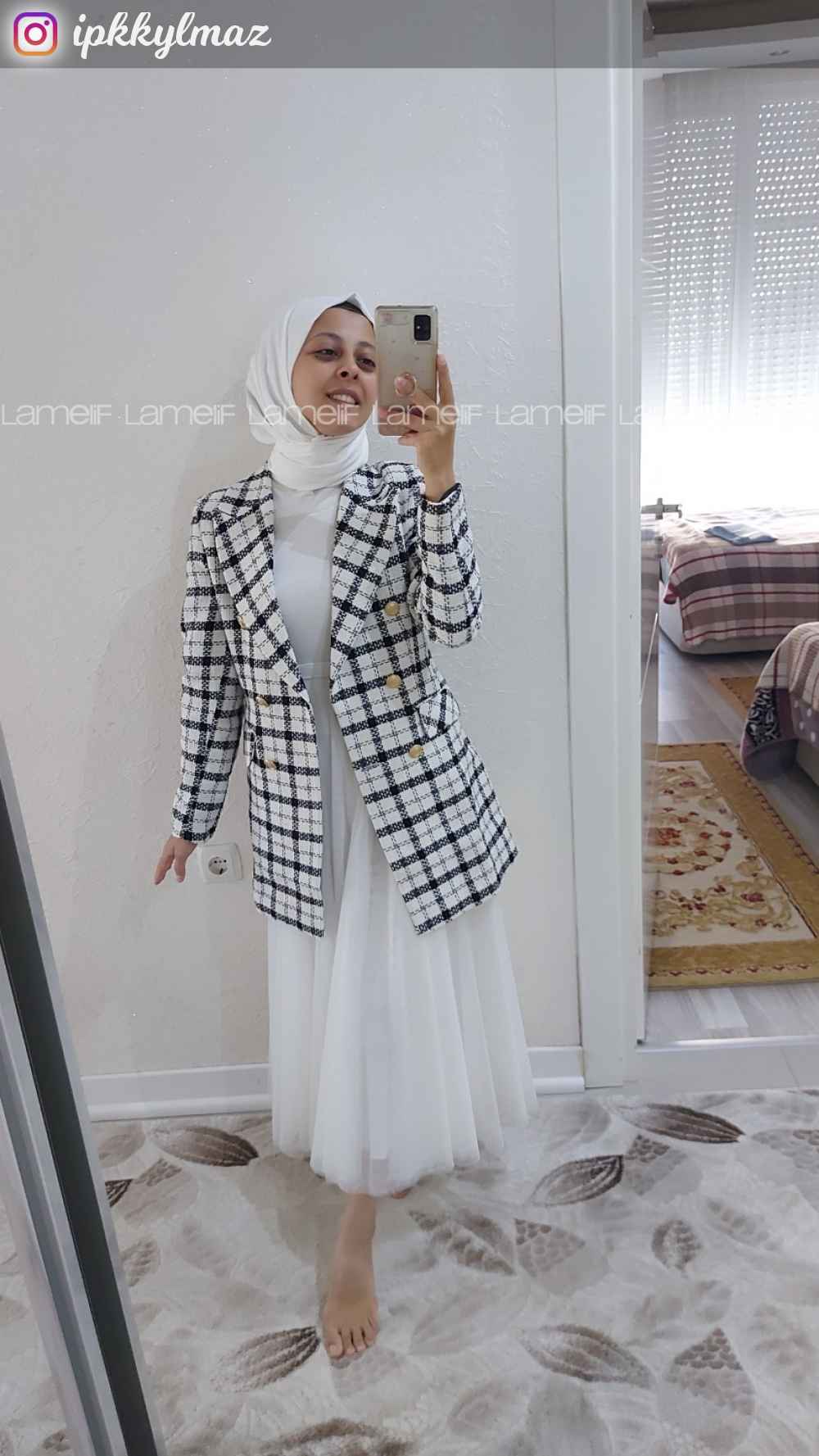 Modalamelif Gold Düğmeli Tüvit Ceket Beyaz - Siyah