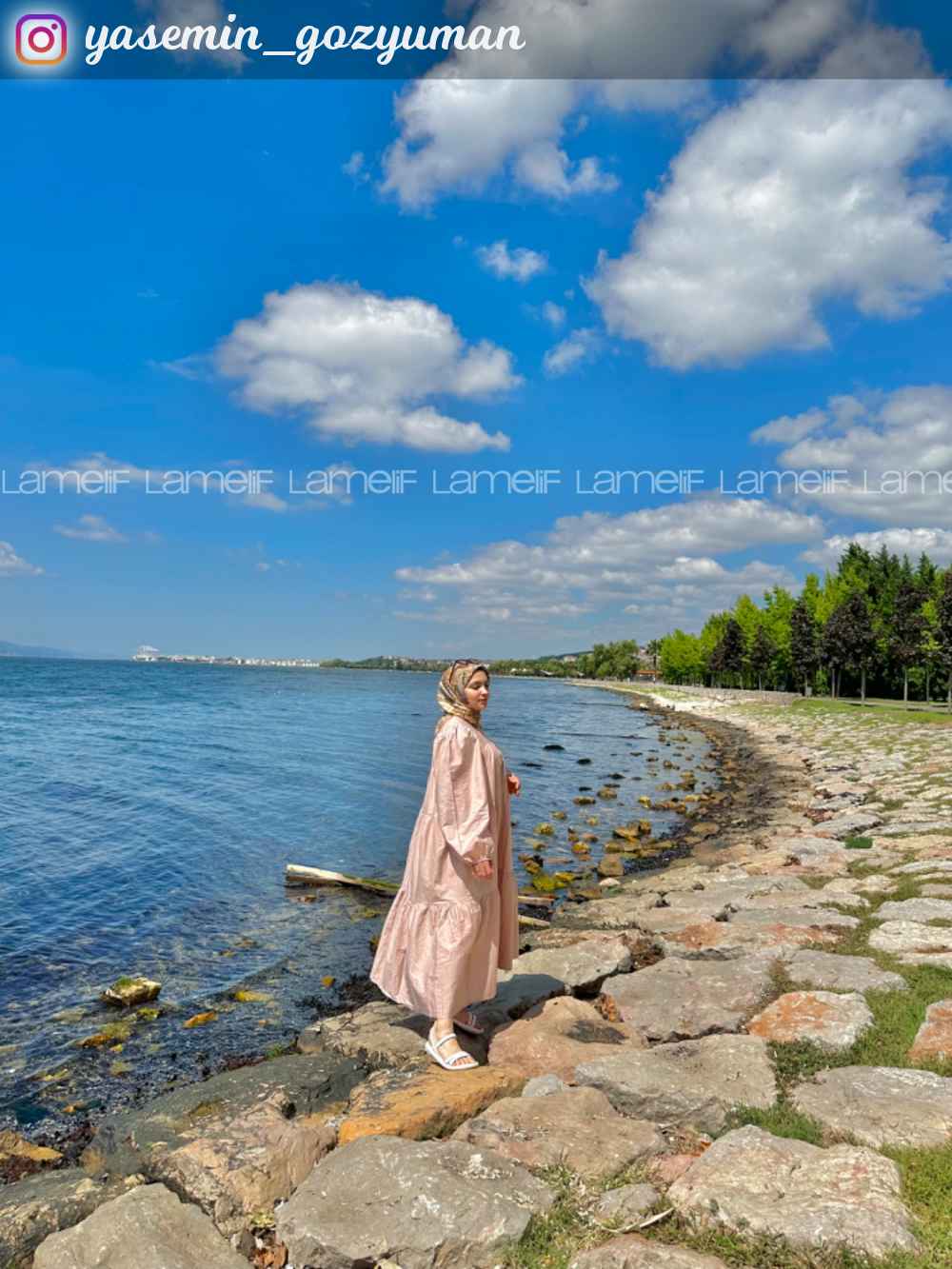 Modalamelif Poplin Uzun Balon Kol Elbise Taş Renk